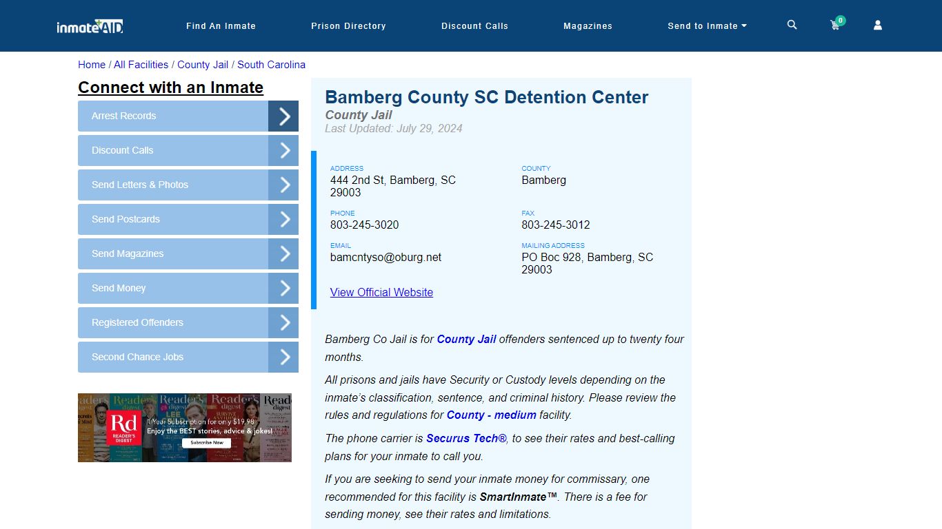 Bamberg County SC Detention Center - Inmate Locator